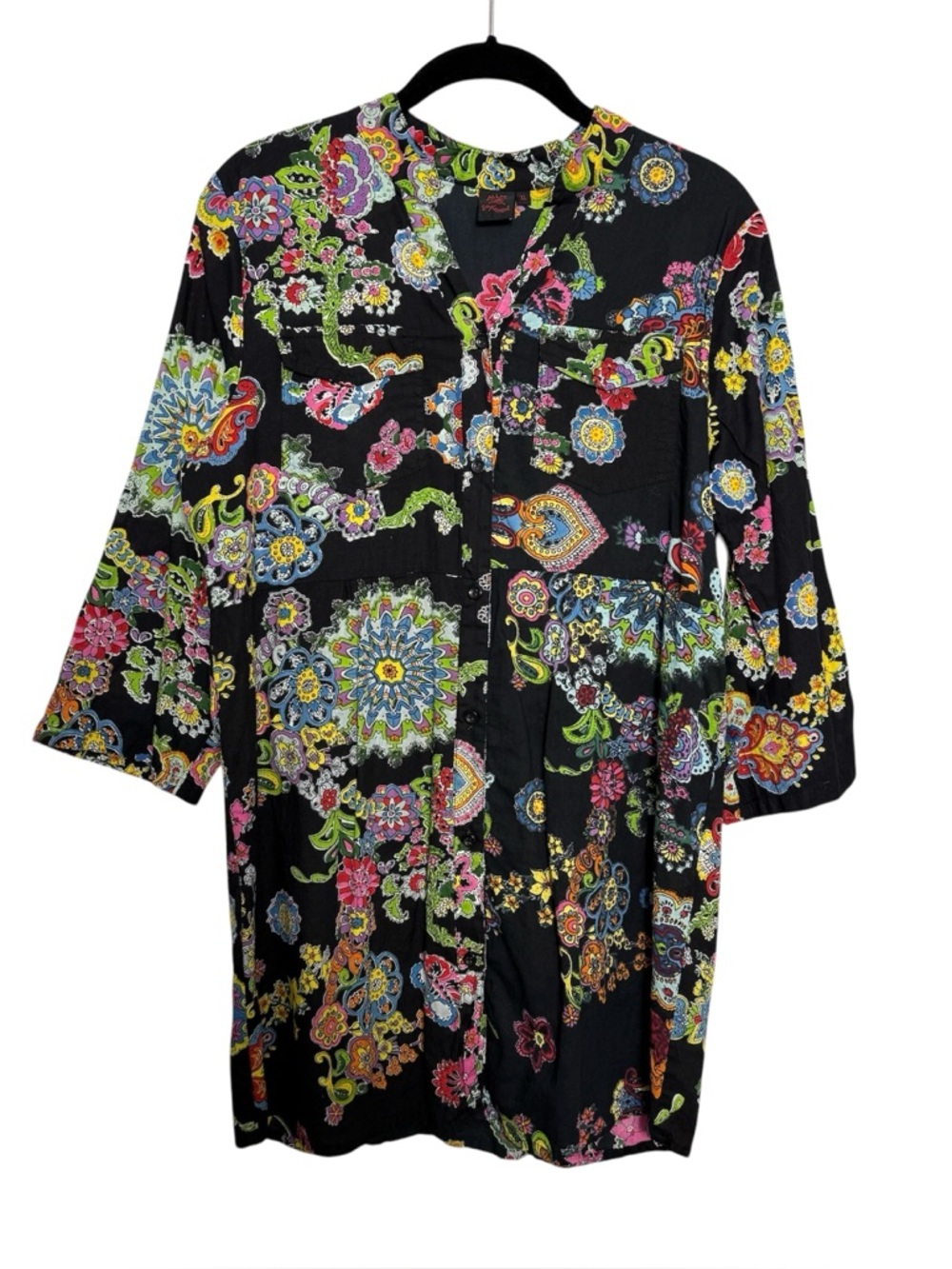 Aller Simplement Boho Paisley Tunic Dress Black Cotton XL 3/4 Sleeve